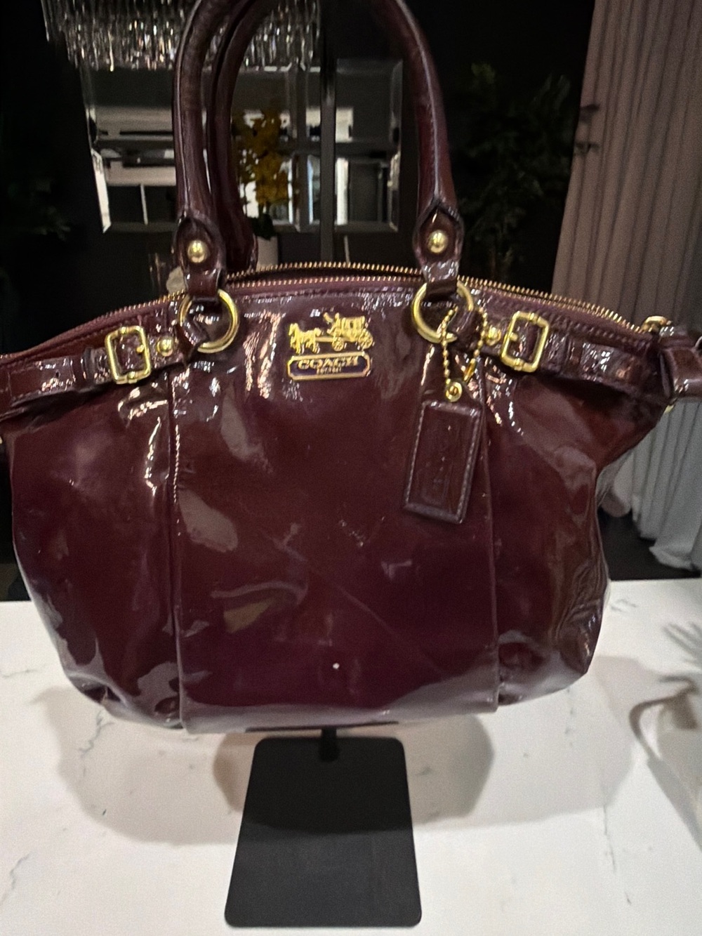 Coach Glossy Patent Leather Tote in Burgundy with Gold Hardware